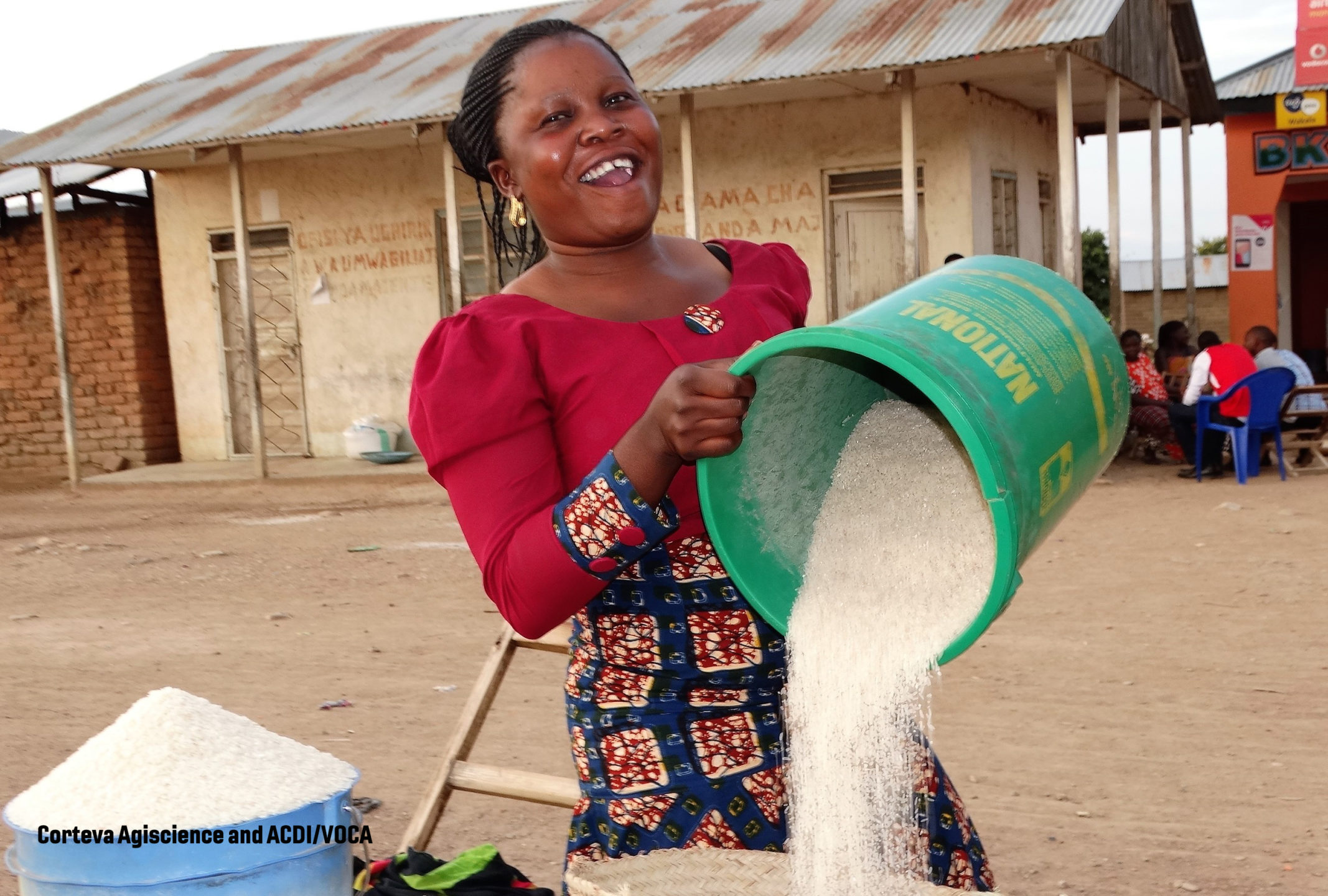 A woman pours out a bucket of grains.