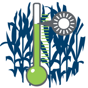 Graphic of crops in field with thermometer reading a hot temperature in front.